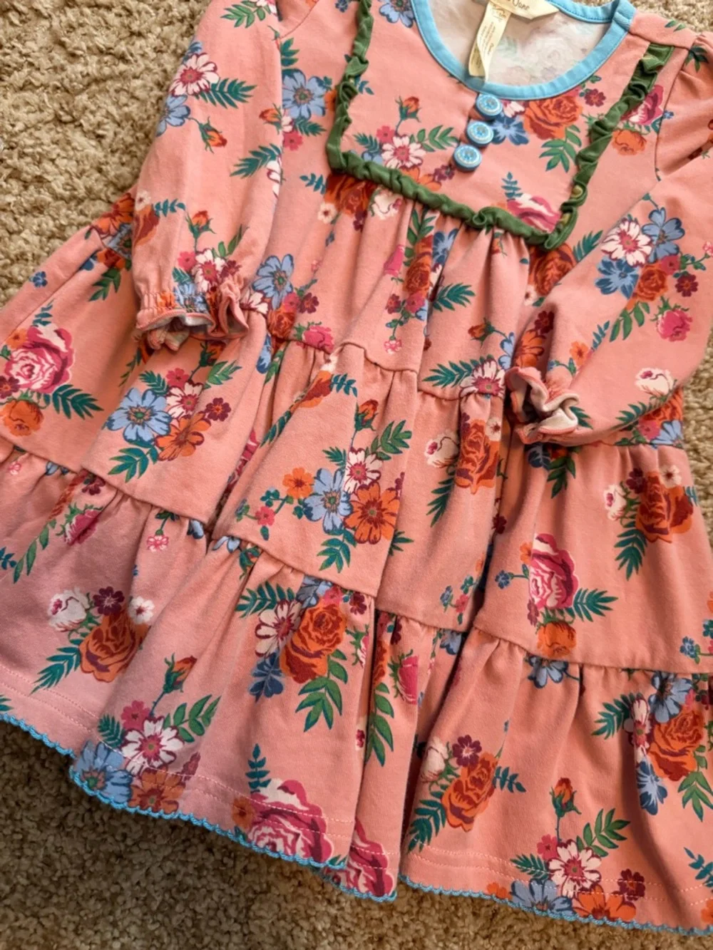 Matilda Jane Pink Floral Tiered Dress with Blue Trim - Picture 3 of 4